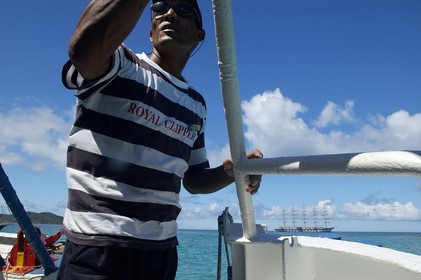Caribbean sea, St Vincent and the Grenadines, Tobago Cays, the return of the tender to the boat Royal Clipper