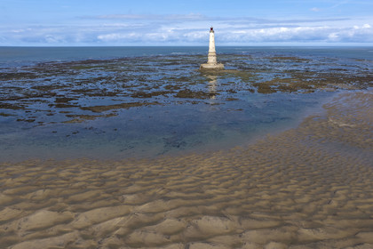 France, Gironde, Verdon sur Mer, rocky plateau of Cordouan at low tide, lighthouse of Cordouan, listed as World Heritage by UNESCO (aerial view)