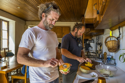 France, Gironde, Verdon sur Mer, lighthouse of Cordouan, listed as World Heritage by UNESCO, in the kitchen, the two keepers on duty that day, Benoit Jenouvrier on the left and Nicolas Quezel-Guerraz on the right