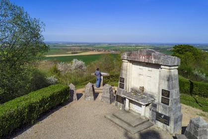 France, Meuse (55), Parc régional de Lorraine, Cotes de Meuse, Les Éparges, traces des combats d’une des luttes les plus meurtrières de la Première Guerre mondiale, trous d'obus et monument du point X en mémoire de Ceux qui n'ont pas de tombe (vue aérienne)