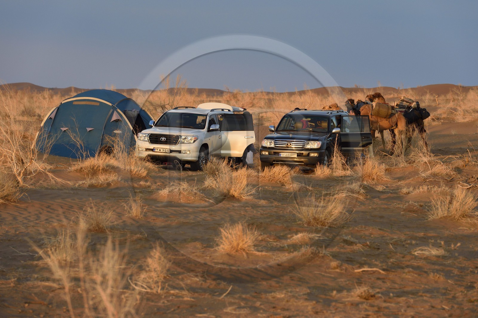 Iran, Province d'Ispahan, désert du Dasht-e Kavir, Mesr dans la région de Khur et Biabanak, bivouac