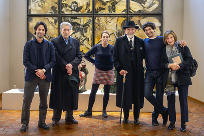 France, Paris, Musée Maillol art museum, German painter and sculptor Markus Lüpertz (fourth on the the right) during his exhibition in dialogue with the work of Aristide Maillol, in the company of his gallerist Michael Werner as well as the young gallerists Pierre Lorquin and Alexandre Lorquin