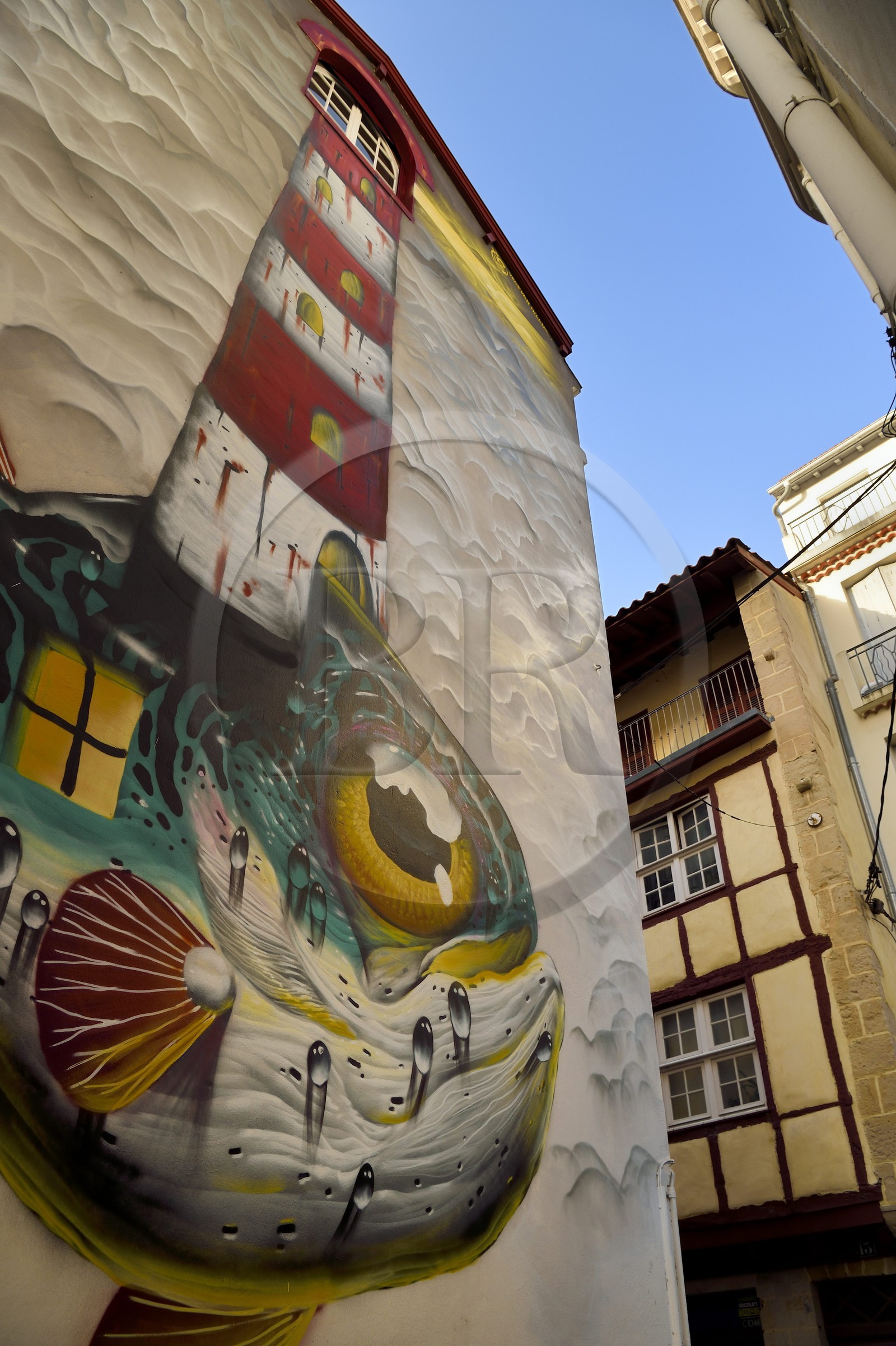 France, Pyrenees Atlantiques, Basque Country, Bayonne, Saint-Esprit neighborhood, fresco of the lighthouse fish by artist Veks van Hillik on a wall near St. Catherine Street