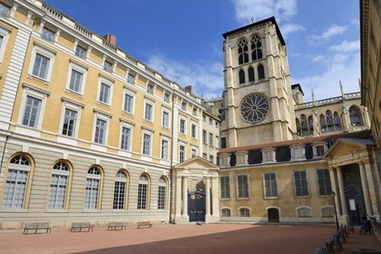 France, Rhone, Lyon, historical site listed as World Heritage by UNESCO, Vieux Lyon (Old Town), the southwest tower of Saint Jean Cathedral (Saint John's Cathedral) and Saint Jean Palace courtyard