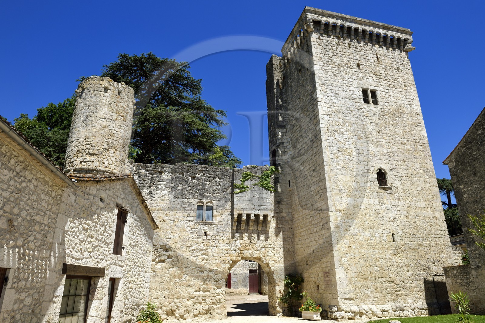 France, Dordogne (24), Perigord Pourpre, Eymet, le chateau d'Eymet avec la Porte sud et la tour Monseigneur