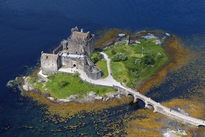 United Kingdom, Scotland, Highland, Dornie, Eilean Donan castle on the Loch Duich (aerial view)