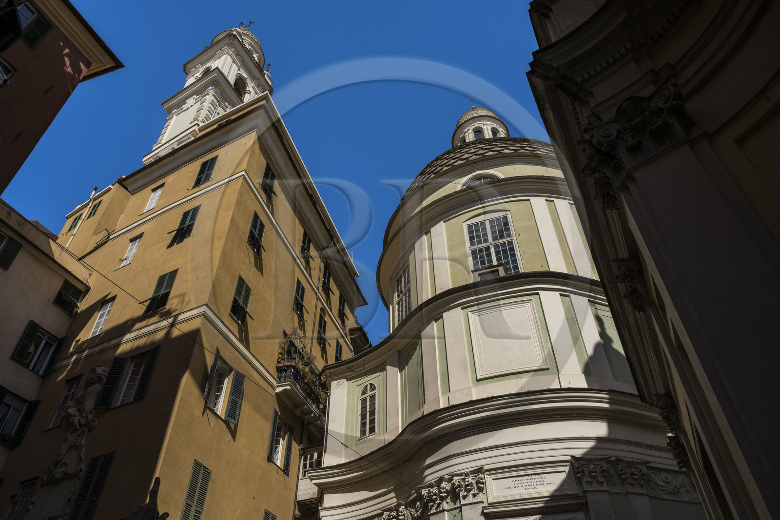 Italy, Liguria, Genoa, church of San Giorgio (St. George) whose bell tower was built on the neighboring building