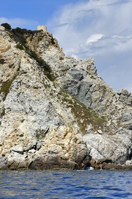 France, Var, Six Fours les Plages, Ile des Embiez, Pointe du Coucoussa overlooked by the Tour de la Marine, Freestyle windsurfing champion Adrien Bosson on a paddle boarding excursion
