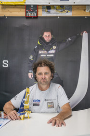 France, Vendee, Les Sables d'Olonne, Port Olona, Vendée Globe sailboat pontoon, le skipper Arnaud Boissière du voilier monocoque de 60 pieds IMOCA La Mie Caline