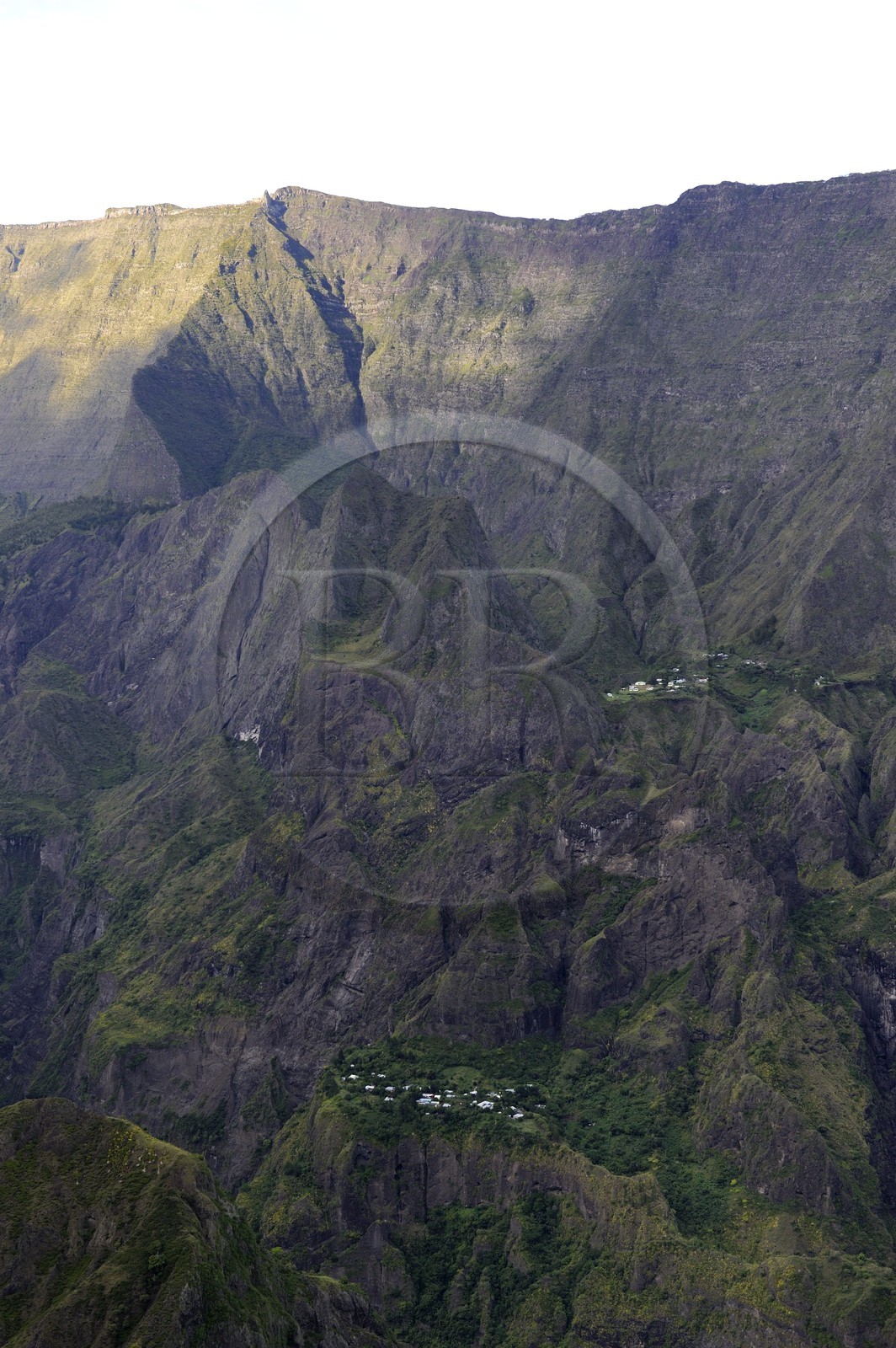 France, Reunion island (French overseas department), cirque of Mafate, listed as World Heritage by UNESCO, small isolated villages (Ilets) accessible only on foot or by helicopter (aerial view)