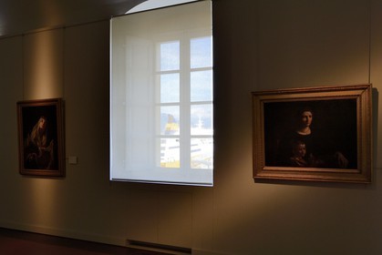 France, Corse du Sud, Ajaccio, Fesch museum (the Museum of Fine Arts), ferry in the harbor through the window
