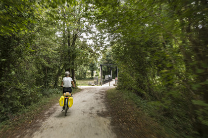 France, Charente Maritime, Echillais, cyclist in the Bois du Chay arriving at the lifting footbridge which spans the Charente-Seudre canal (Bridoire canal)