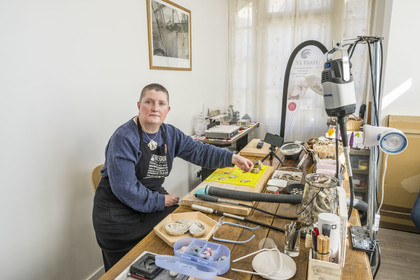 France, Côtes-d'Armor, Tréguier, Delphine Le Poupon craftsman of nacre Art in the Ys Paris creative workshop