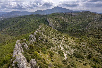 France, Vaucluse, Dentelles de Montmirail mountains, the ridges from Saint-Amand to La Pousterle also called the Pas du Loup on the GR 4, Mont Ventoux in the background (aerial view)