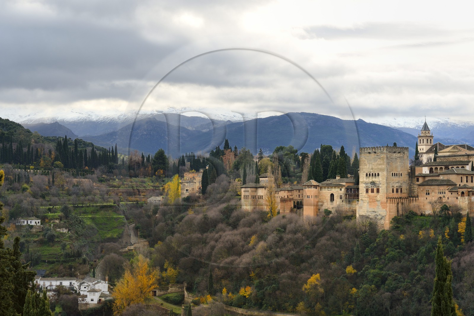 Spain, Andalusia, Granada, Alhambra, listed as World Heritage by UNESCO, and the Sierra Nevada mountains