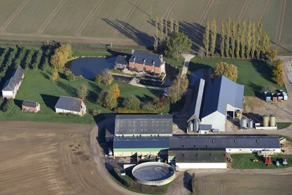 France, Calvados, Les Chênes farm towards Meulles (aerial view)