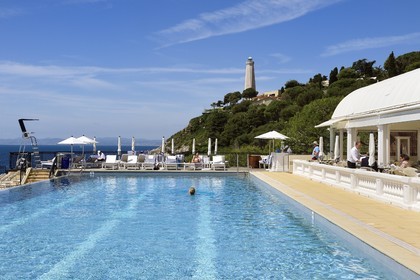 France, Alpes Maritimes, Saint Jean Cap Ferrat, Grand-Hotel du Cap Ferrat, a 5 star palace from Four Seasons Hotel, the chic poolside Club Dauphin by the pool and facing the sea