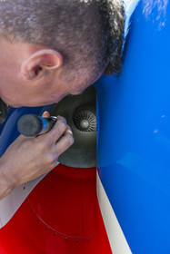 France, Bouches du Rhone, Salon de Provence, air base 701, base of the Patrouille de France (PAF for Patrouille acrobatique de France) of the French Air and Space Force, adjudant Nicolas Renard, the mechanic, takes a tour of his Alphajet, compressor check