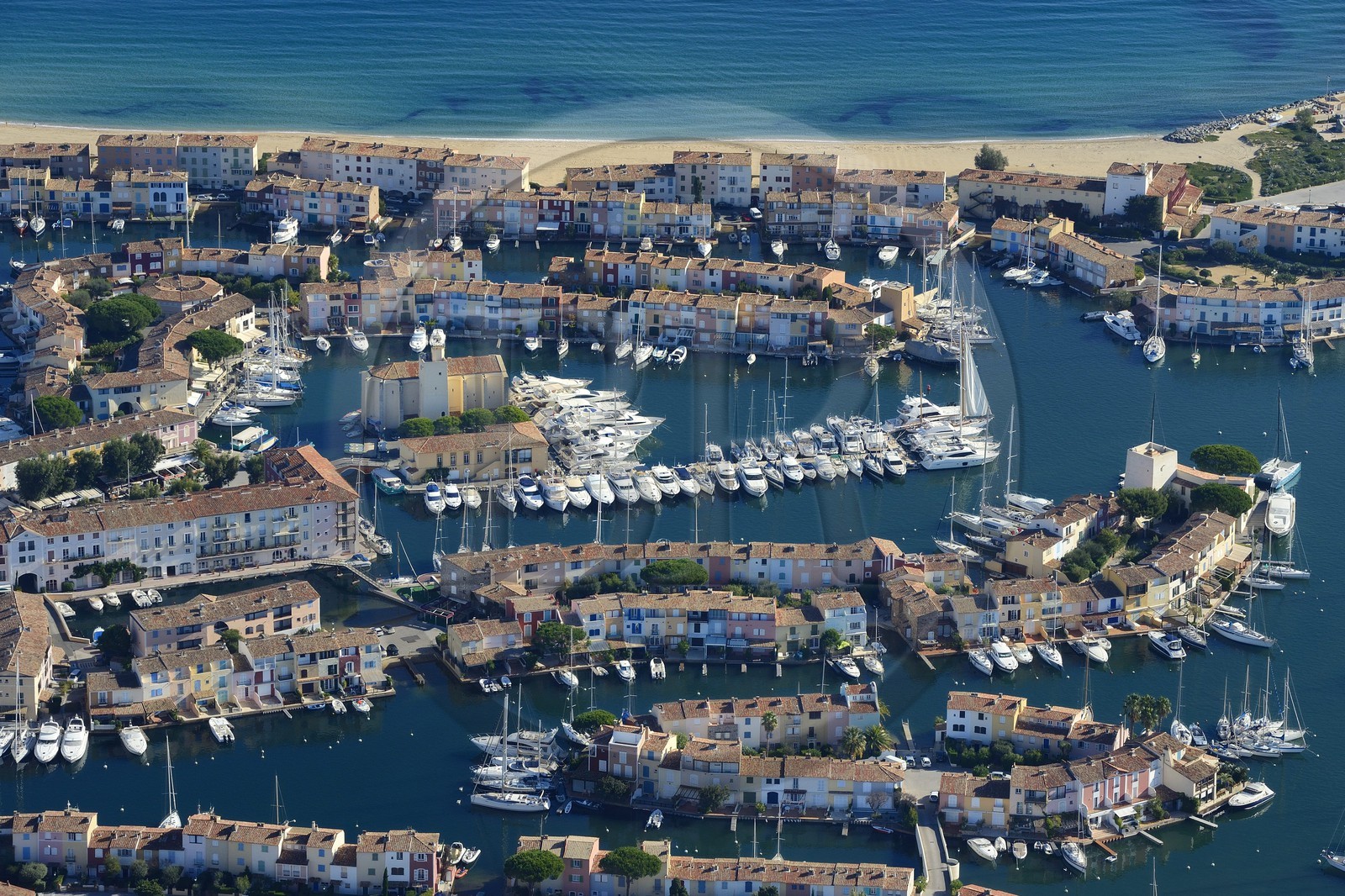 France, Var, Gulf of St Tropez, Port Grimaud seaside town (aerial view)