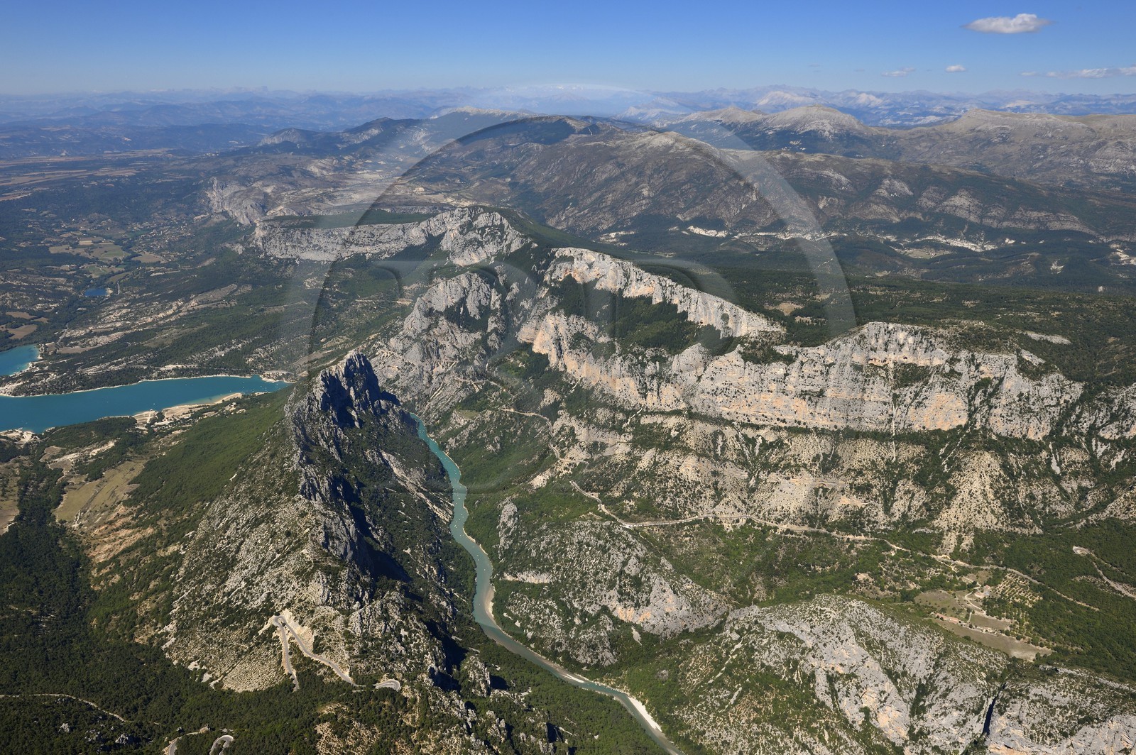 Var on the Left Bank and Alpes de Haute Provence on the Right Bank, Parc Naturel Regional du Verdon, the Verdon Gorge leading to Lake St. Croix, the Alps mountain range in the background (aerial view)