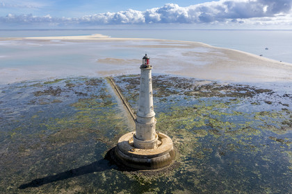 France, Gironde, Verdon sur Mer, rocky plateau of Cordouan at low tide, lighthouse of Cordouan, listed as World Heritage by UNESCO (aerial view)