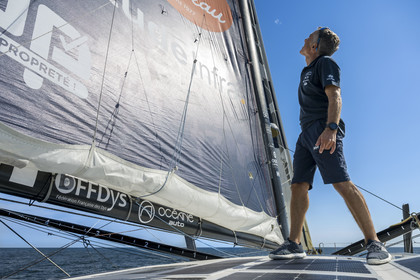 France, Vendee, Les Sables d'Olonne, skipper Manuel Cousin training on his 60-foot monohull sailboat IMOCA Coup de Pouce