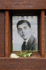 Germany, Berlin, Bernauer Strasse, Memorial of the Berlin Wall (Gedenkstätte Berliner Mauer), das Fenster des Gedenkens (Window of Remembrance) where the victims of the Wall are honored with their name and a photo-portrait