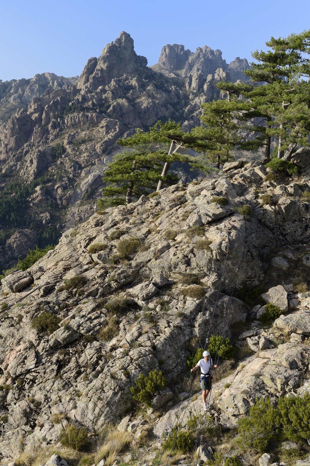 France, Corse-du-Sud (2A), Alta Rocca, la via ferrata du parc aventure Corsica Madness, les Aiguilles de Bavella en arrière plan