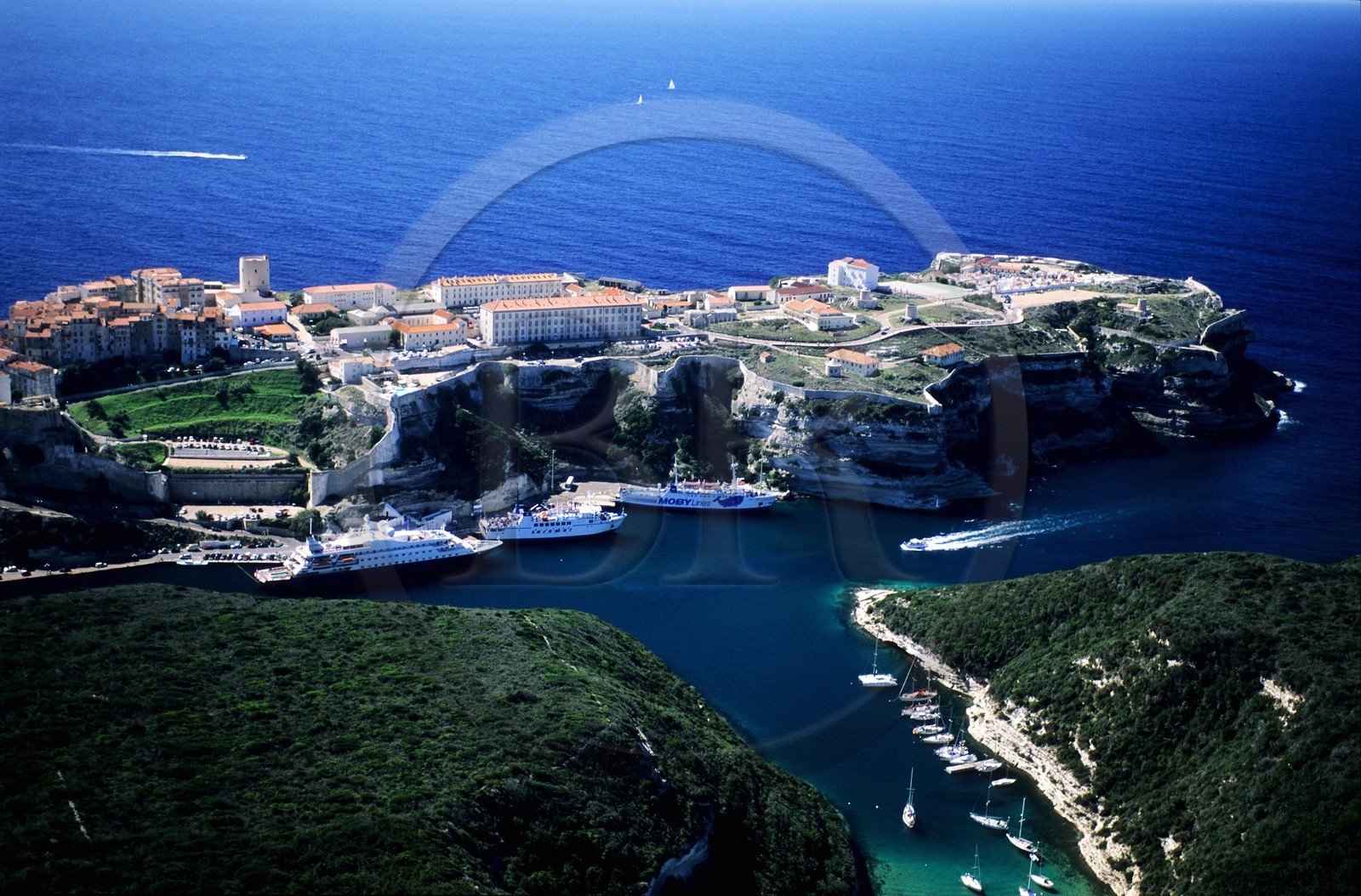 France, Corse du Sud, gully of Bonifacio and the city (aerial view)