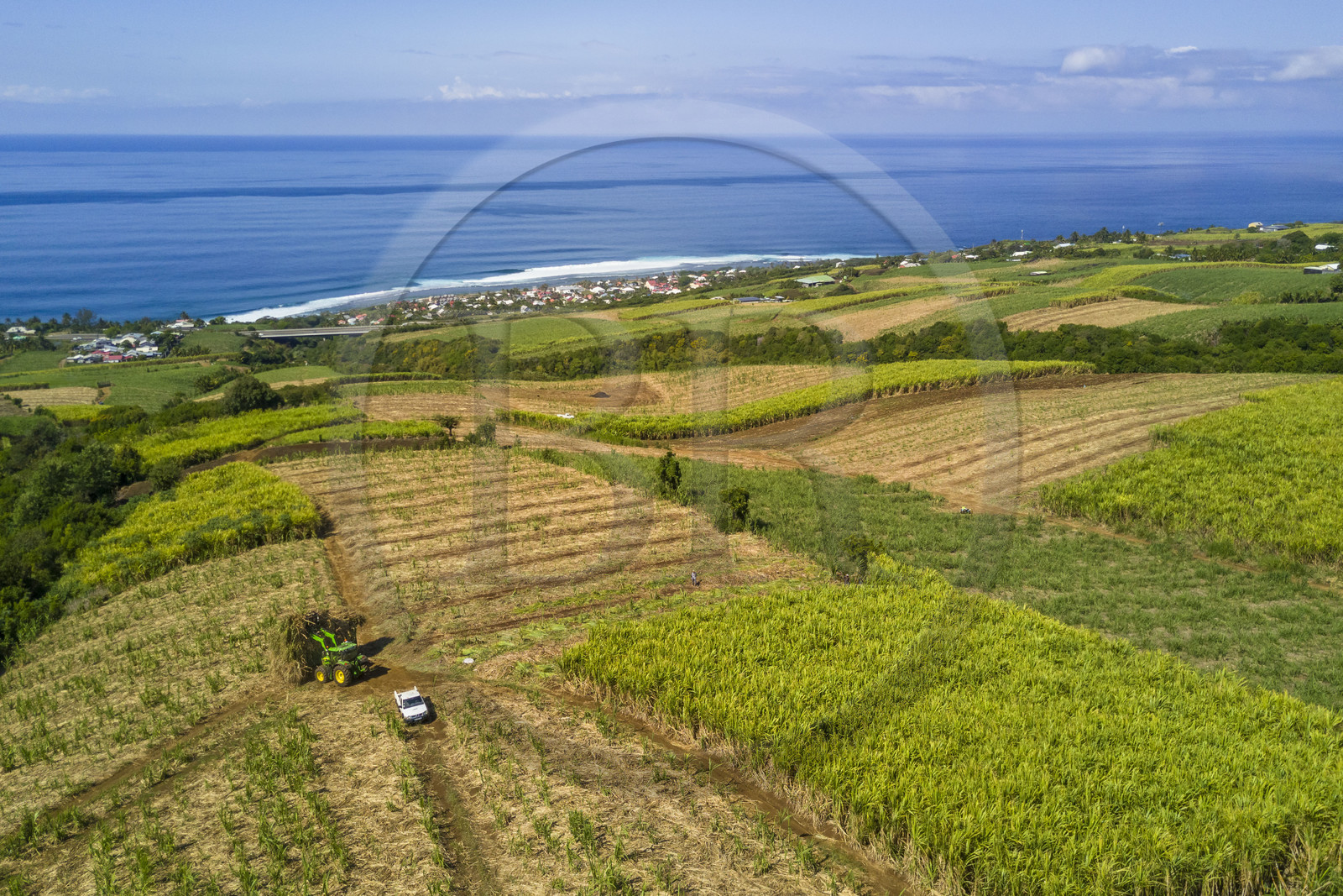 France, Ile de la Reunion, Petite-Ile, coupe et récolte de la canne à sucre (vue aérienne) France, Ile de la Reunion, Petite-Ile, coupe et récolte de la canne à sucre (vue aérienne)