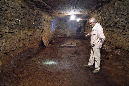 France, Puy-de-Dôme (63), Clermont-Ferrand, rue Pascal, membre de l'association ACAVIC (Amis des Caves du Vieux Clermont) dans les caves en tuf sur trois niveaux de l'Hotel Martial de Grandseigne, cave où le Saint-Nectaire était affiné