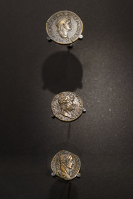 France, Paris, the Monnaie de Paris (Paris Mint) Museum, Sestertius of Nero (54-68 AD), Sestertius of Hadrian (126 AD) and Sestertius of Severus Alexander (222-235 AD) coins