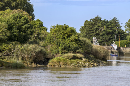 France, Loire Atlantique, Le Pellerin, open-air contemporary art collection Estuary, the 9 m long sailboat sculpture Misconceivable created by the Austrian artist Erwin Wurm at the access lock to the Martinière canal on the Loire