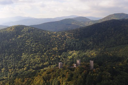 France, Haut Rhin, the three donjons of Eguisheim in the massif des Vosges (aerial view)