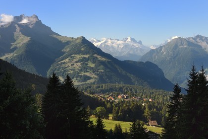 Switzerland, Canton of Vaud, Villars-sur-Ollon and Mont-Blanc in the background