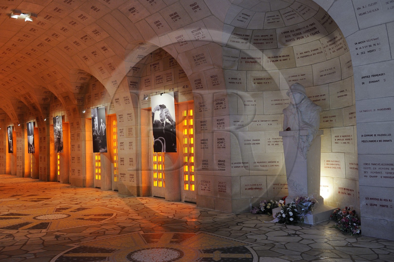 France, Meuse, Verdun area, Douaumont, Douaumont Ossuary,National Necropolis, cloister housing the tombs representing geographic areas of the Battle of Verdun which are engraved the names of fallen soldiers