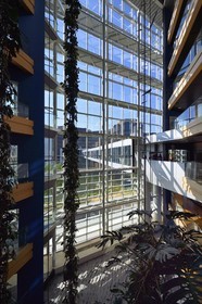 France, Bas Rhin, Strasbourg, European district, the European Parliament, Winston Churchill building connected to the Louise-Weiss building by a footbridge in the extension of the main street