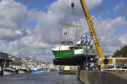 France, Calvados, Port en Bessin, the shipyard, launching of the Armany trawler