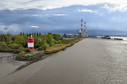 France, Loire Atlantique, Cordemais, open-air contemporary art collection Estuaire, the Villa Cheminée created by the Japanese artist Tatzu Nishi on the banks of the Loire river, work of art but also unusual guest house, Cordemais thermal power plant in the background (aerial view)