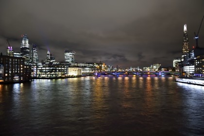 United Kingdom, London, the skyscrapers of the City with the 20 Fenchurch Street nicknamed the Walkie-Talkie designed by the architect Rafael Vinoly left, the bridge of Southwark Bridge on the Thames and The Shard of the architect Renzo Piano on the right, the Tower Bridge in the background