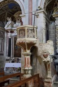 France, Haute-Corse (2B), Castagniccia, Piedicroce, l’église Saint-Pierre-et-Saint-Paul, chaire à prêcher