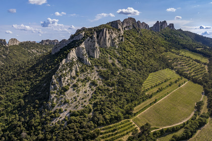 France, Vaucluse (84), Dentelles de Montmirail, la montagne des Dentelles Sarrasines et des vignobles en restanques, le Grand Montmirail en arrière plan à gauche (vue aérienne)