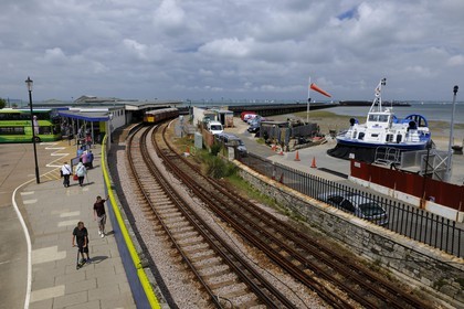 United Kingdom, England, Hampshire, Isle of Wight, Ryde, ferries from Southsea Portsmouth to Ryde with the hovercraft (air-cushion vehicle, ACV) from Hover Travel and the railway station