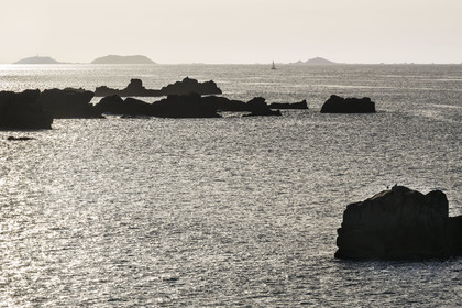 France, Cotes-d'Armor, Cote d'Ajoncs, Plougrescant, site of the Plougrescant Gouffre, the archipelago of Sept-Iles in the background
