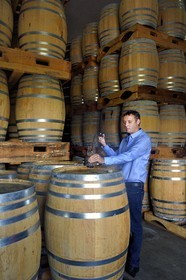 France, Reunion island (French overseas department), Saint Pierre, estate of the Isautier distillery, aging of old rums in the cellars between 6 and 14 months in new barrels then several years afterwards by batch in red barrels, Cyril Isautier director of the rums and punches branch of the Isautier group takes a sample with a pipette for tasting