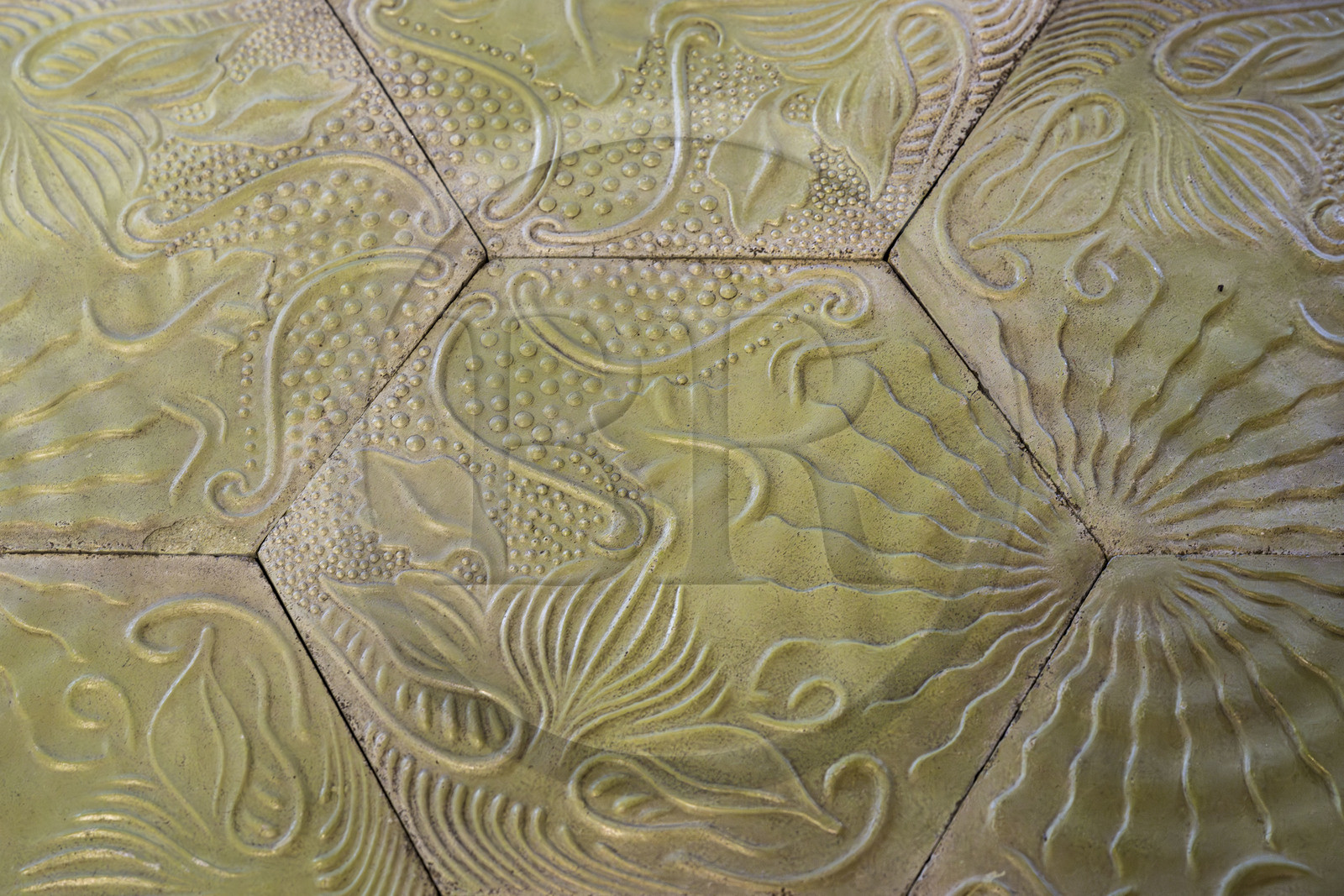 Spain, Catalonia, Barcelona, Eixample district, Passeig de Gracia, Pedrera or Casa Mila (1905-1910) by the Catalan modernist architect Antoni Gaudi, UNESCO World Heritage site, hexagonal floor tiles also used in Casa Batllo