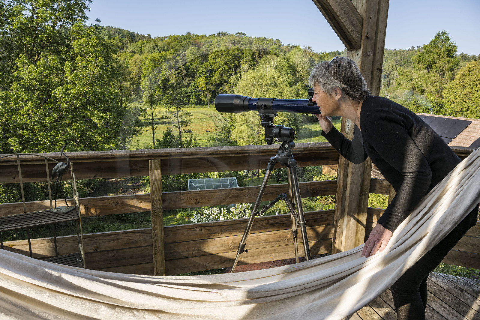 France, Bas Rhin, Northern Vosges Regional Natural Park, Obersteinbach, Hotel Alsace-Village, wildlife observation with the telescope from the balcony