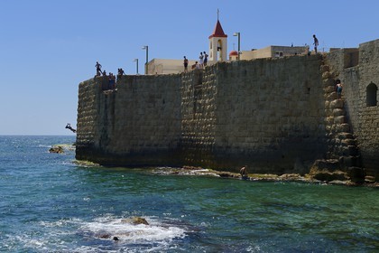 Israel, North district, Galilee, Acre (Akko), old town, listed as World Heritage by UNESCO, the port of Pisa and St. John's Church overlooking the sea wall