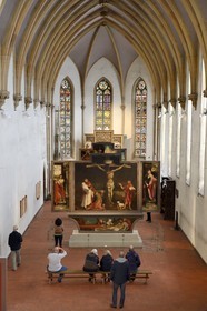 France, Haut Rhin, Colmar, Unterlinden Museum, Issenheim altarpiece credited to Grünewald, scene of the Crucifixion and Entombment of Christ