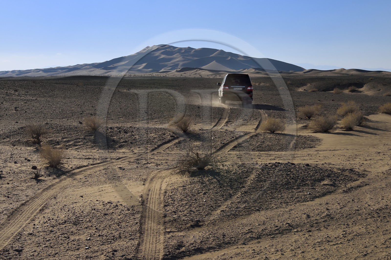 Iran, Province de Yazd, désert du Dasht-e Kavir, Moghestan, 4x4 progressant vers le massif dunaire